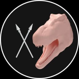 Raid server icon: A couple of white spears crossing to make an X with a red Tyrannosaurus rex head biting the bottom of the X.